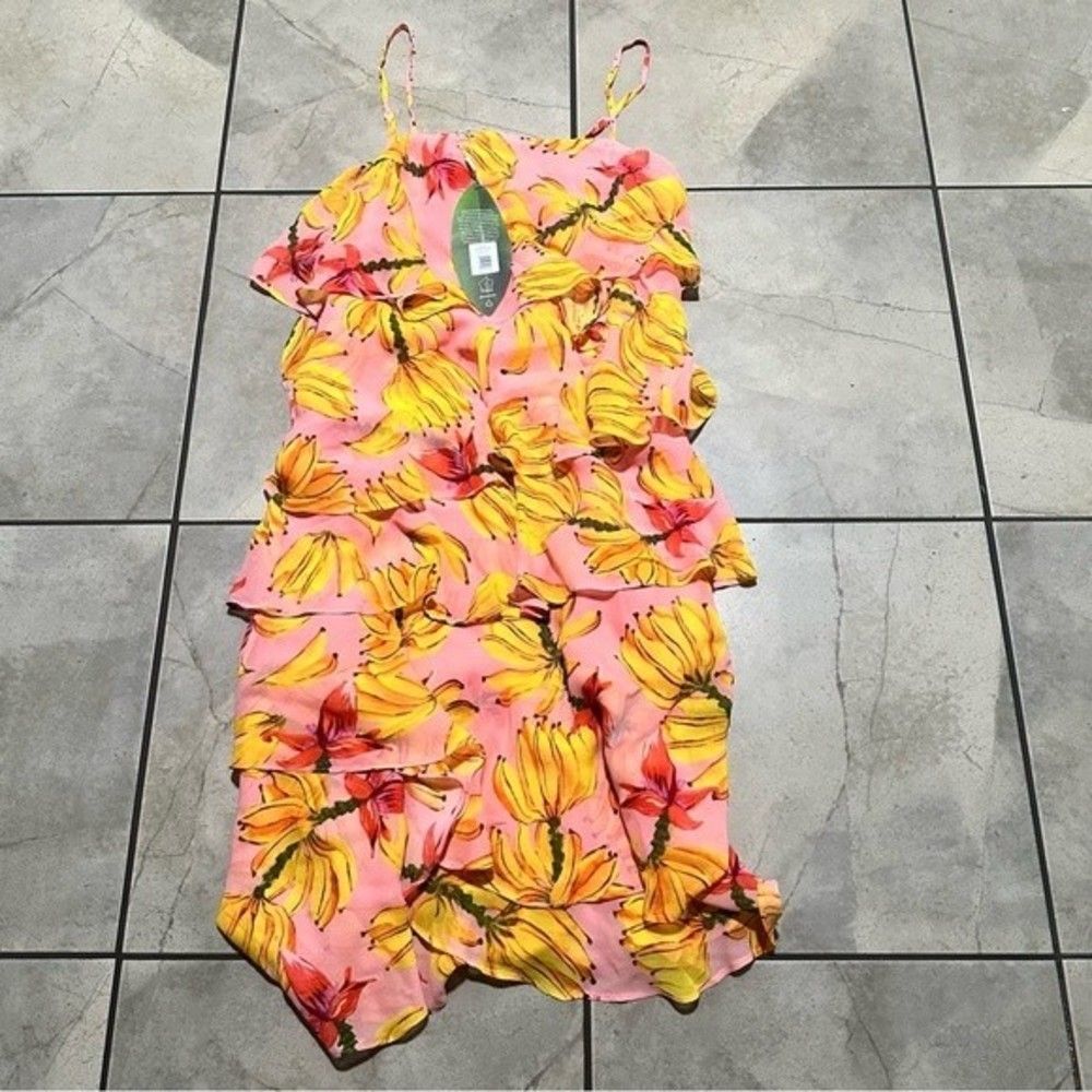 NWT Farm Rio Banana Taste Tiered Irregular Pink Sleeveless Midi Dress Ru… - Picture 11 of 12
